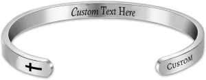 Q&Locket Cross Inspirational Bracelet Christian Gift for Women Personalized Custom Engraved Religious Holy Bible Verse Mens Name Cuff Bangle Bracelets Stainless Steel Mantra Jewelry