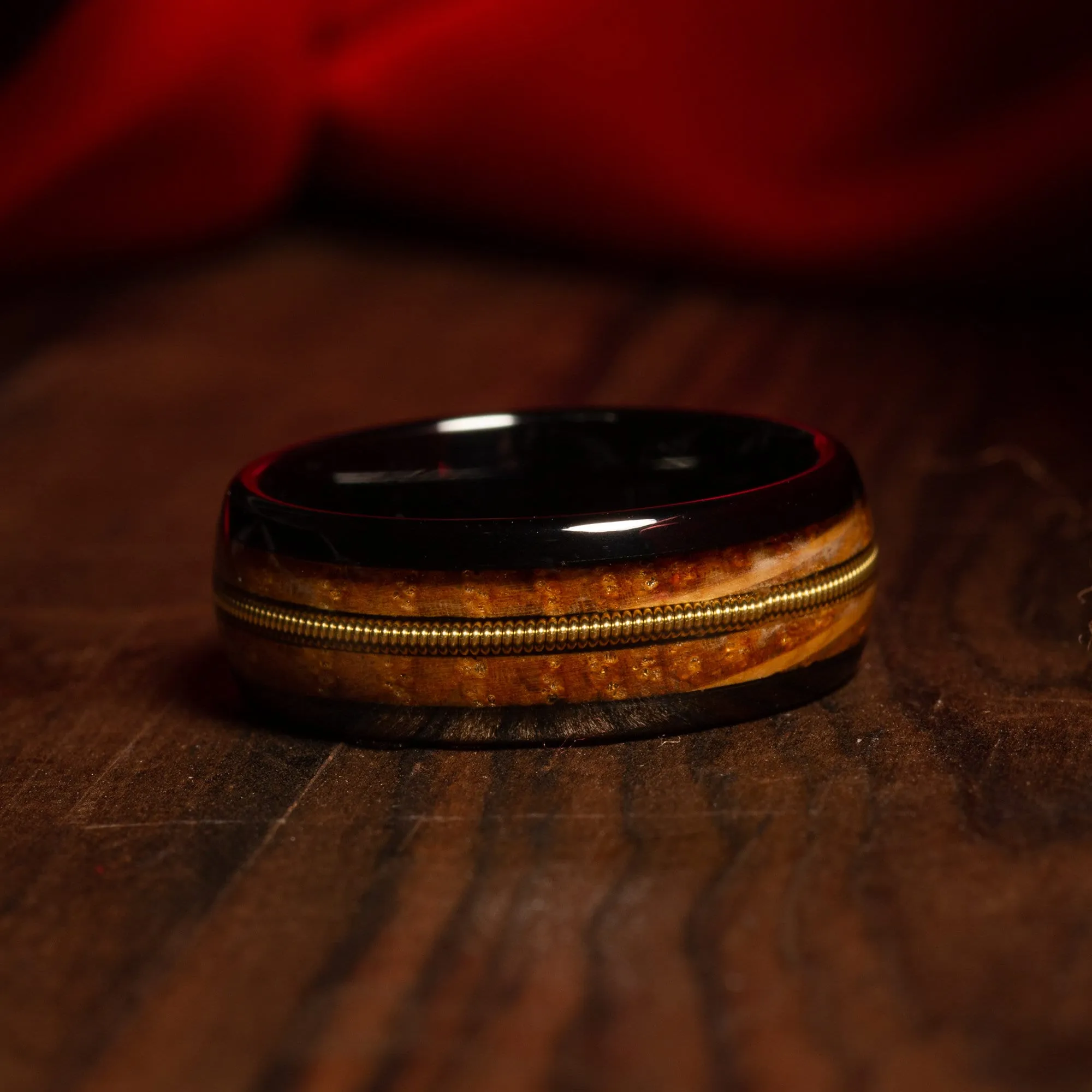 "Chester" Gold Guitar String Whiskey Barrel Dome Polished Black Tungsten Carbide Ring, 8mm