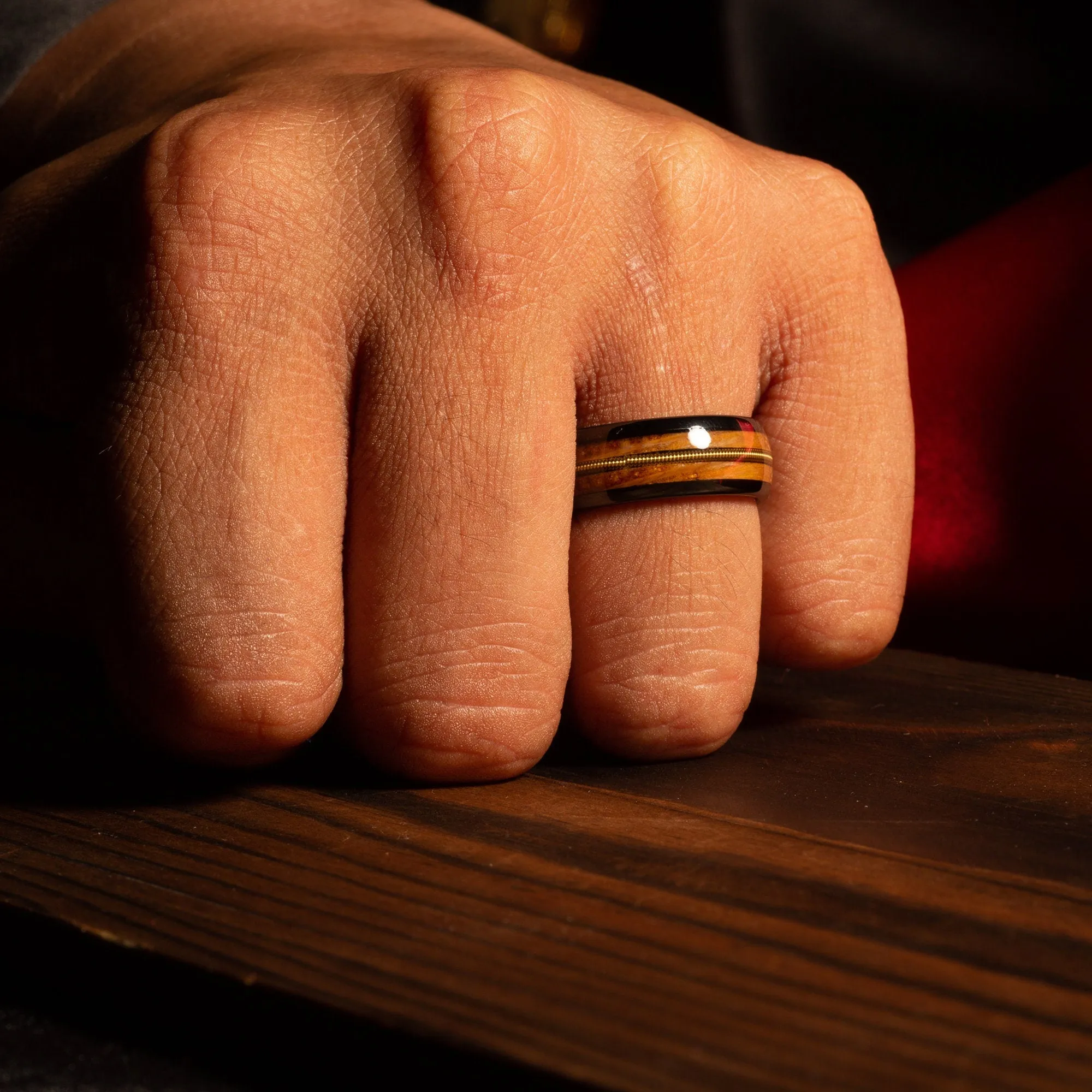 "Chester" Gold Guitar String Whiskey Barrel Dome Polished Black Tungsten Carbide Ring, 8mm
