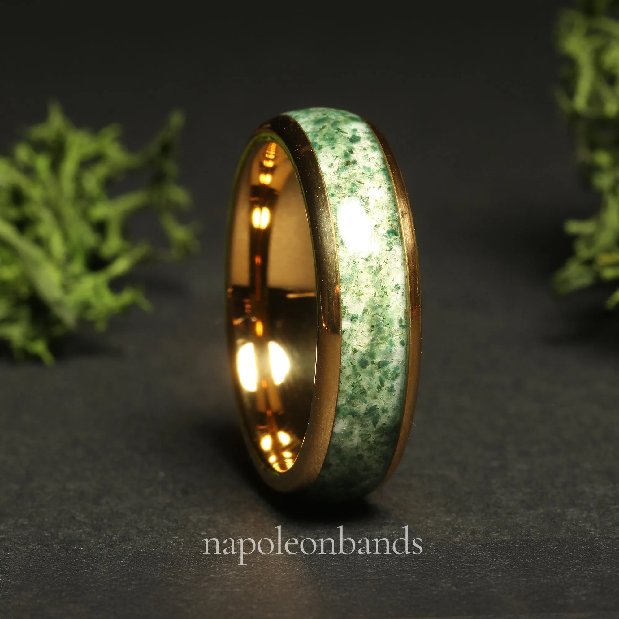 "Golden Grove 06" Yellow Gold Tungsten 6mm Wedding Band with Moss Agate Inlay for Men and Couples