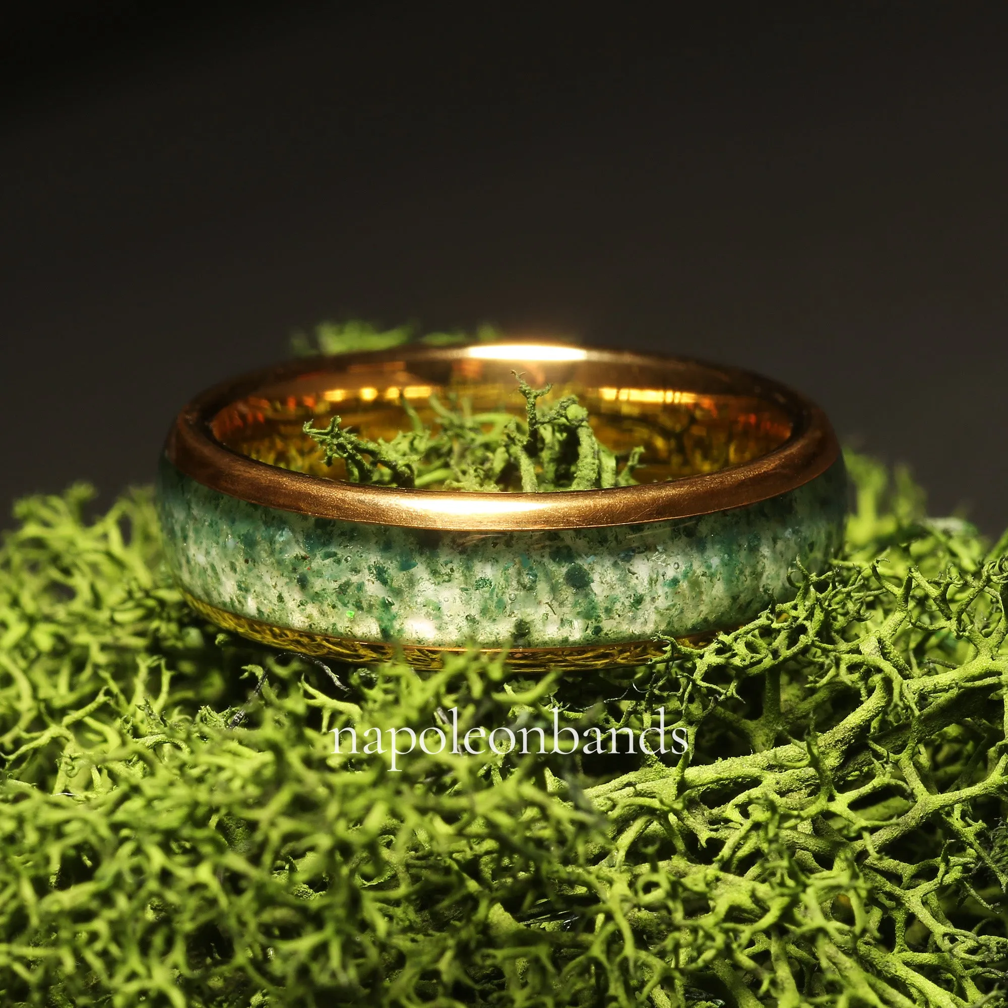 "Golden Grove 06" Yellow Gold Tungsten 6mm Wedding Band with Moss Agate Inlay for Men and Couples