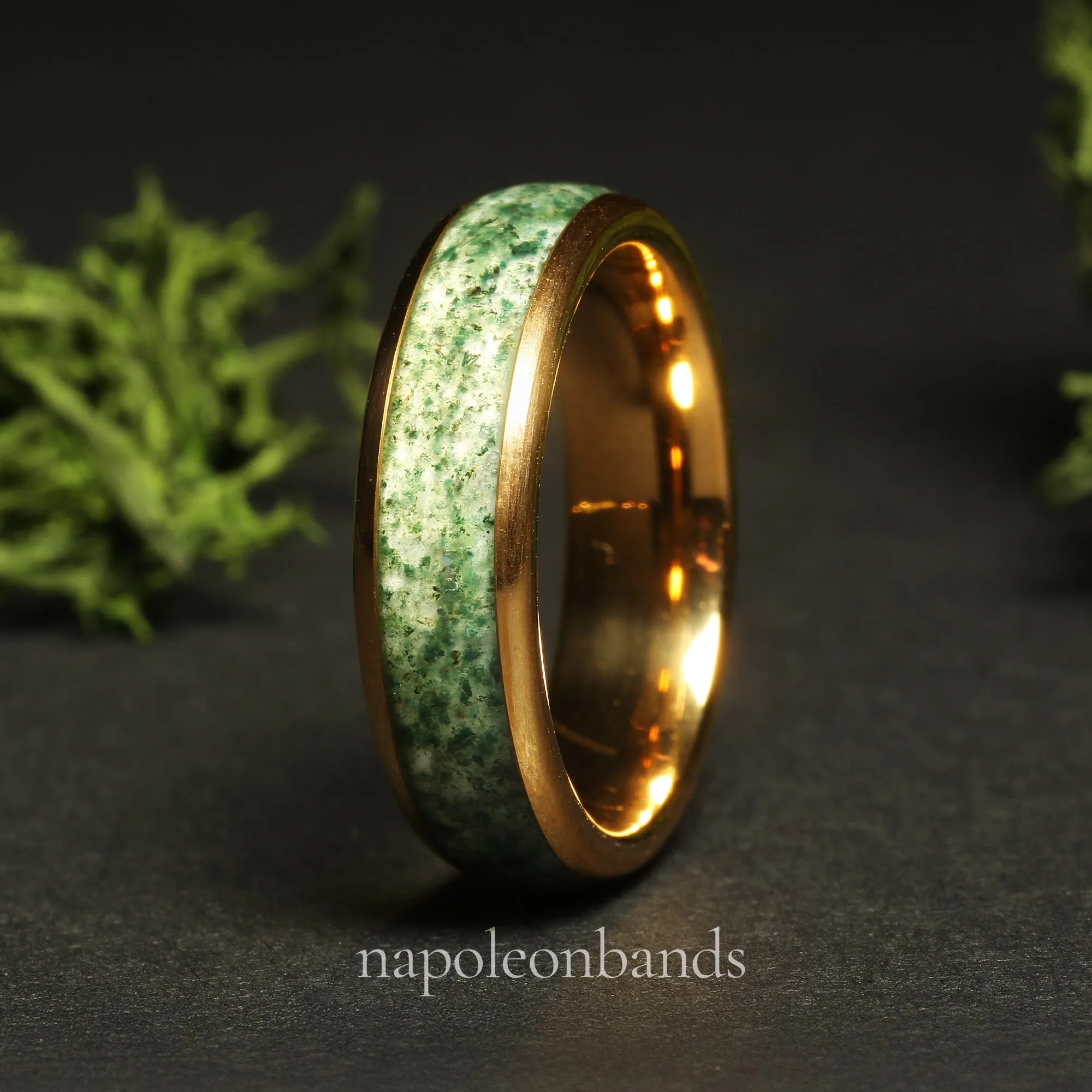 "Golden Grove 06" Yellow Gold Tungsten 6mm Wedding Band with Moss Agate Inlay for Men and Couples