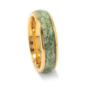 "Golden Grove 06" Yellow Gold Tungsten 6mm Wedding Band with Moss Agate Inlay for Men and Couples