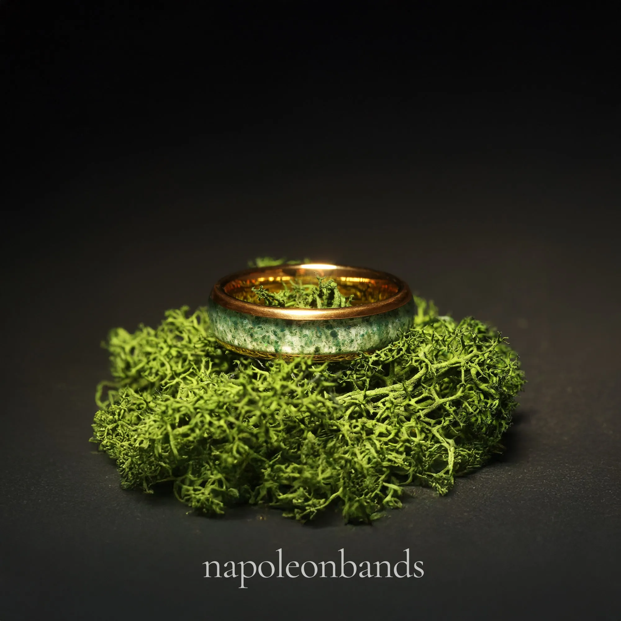 "Golden Grove 06" Yellow Gold Tungsten 6mm Wedding Band with Moss Agate Inlay for Men and Couples