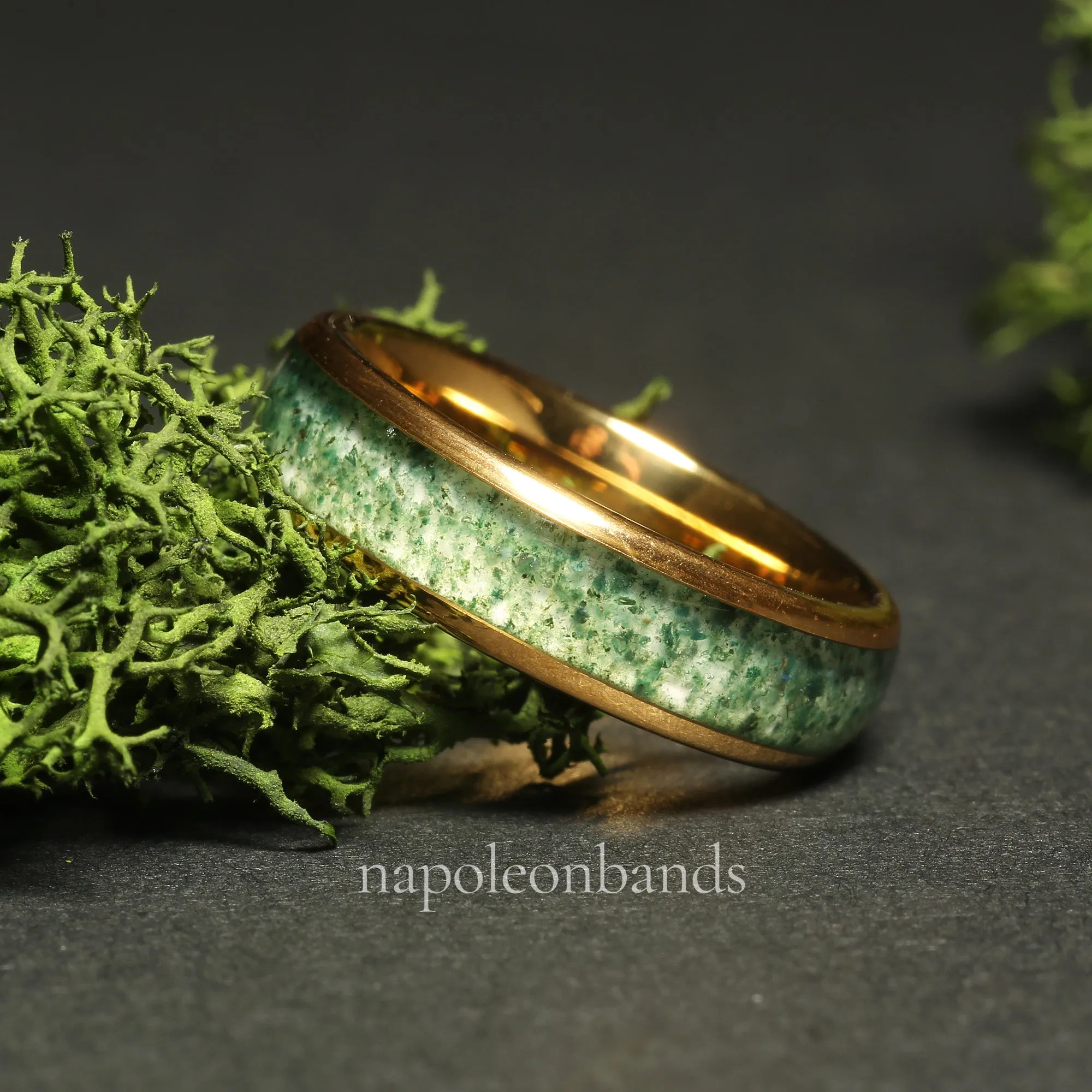 "Golden Grove 06" Yellow Gold Tungsten 6mm Wedding Band with Moss Agate Inlay for Men and Couples
