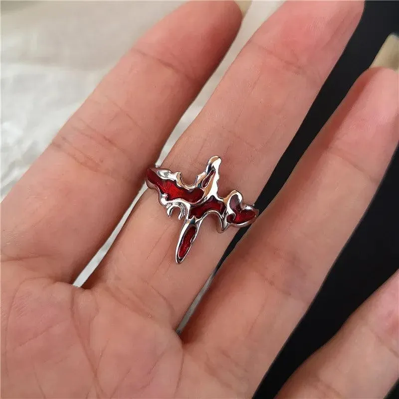Red Crystal Heart Rings with Spider Motif: Gothic Punk Jewelry for Bold Women