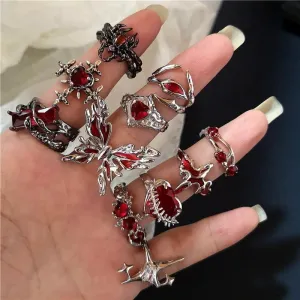 Red Crystal Heart Rings with Spider Motif: Gothic Punk Jewelry for Bold Women