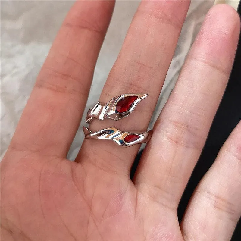 Red Crystal Heart Rings with Spider Motif: Gothic Punk Jewelry for Bold Women