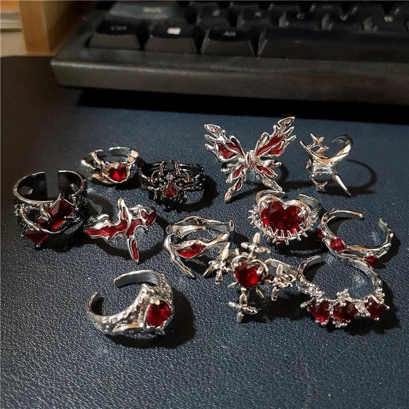 Red Crystal Heart Rings with Spider Motif: Gothic Punk Jewelry for Bold Women