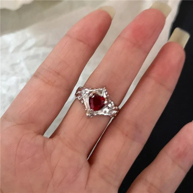 Red Crystal Heart Rings with Spider Motif: Gothic Punk Jewelry for Bold Women
