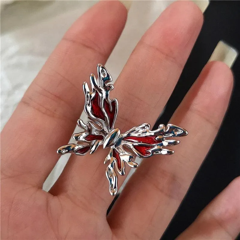 Red Crystal Heart Rings with Spider Motif: Gothic Punk Jewelry for Bold Women