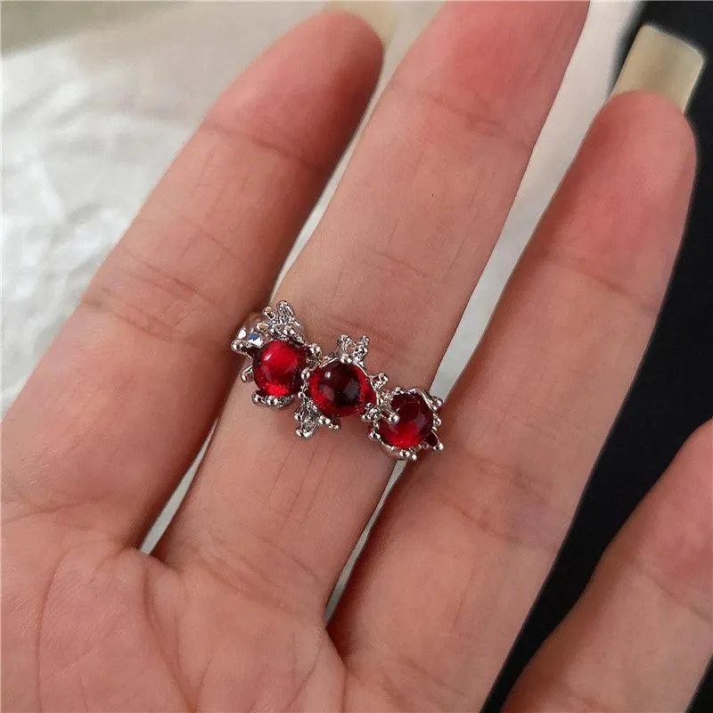 Red Crystal Heart Rings with Spider Motif: Gothic Punk Jewelry for Bold Women