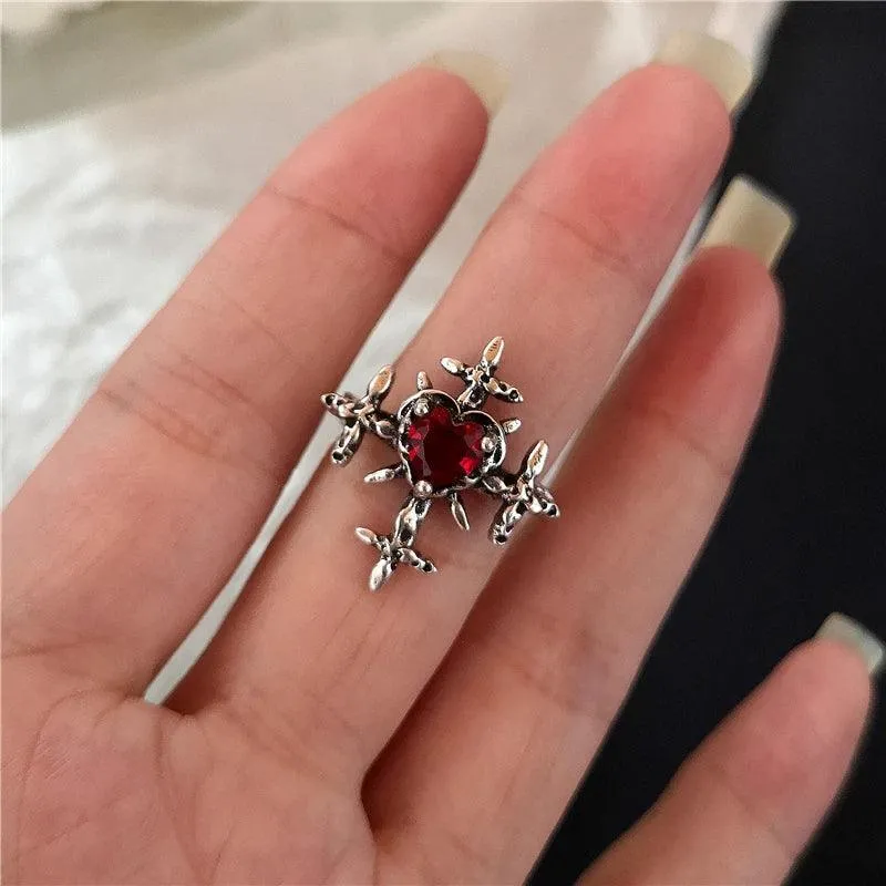 Red Crystal Heart Rings with Spider Motif: Gothic Punk Jewelry for Bold Women