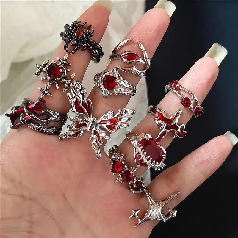 Red Crystal Heart Rings with Spider Motif: Gothic Punk Jewelry for Bold Women