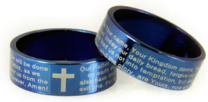 Religious Rings S19 Blue Stainless Steel Our Father Prayer Lord's Prayer Ring Cross Christian Bible