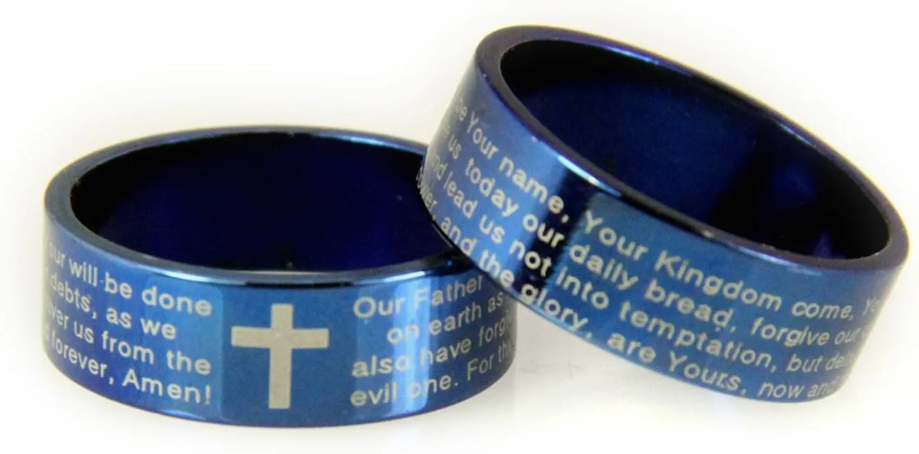 Religious Rings S19 Blue Stainless Steel Our Father Prayer Lord's Prayer Ring Cross Christian Bible