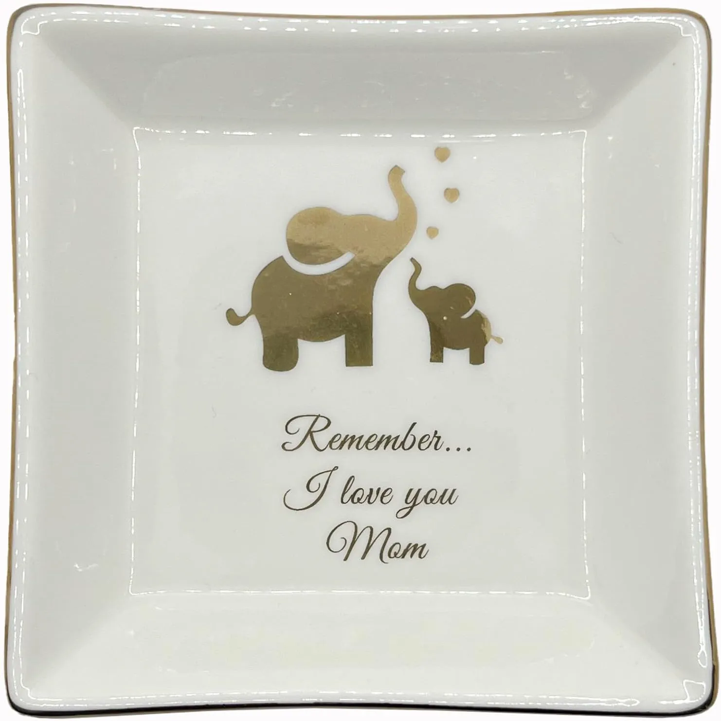 Remember I Love You Mom Ceramic Jewelry Dish with Gold-Plated Elephant, Mothers Day Gifts, Small Ring Dish, Jewelry Plate, Trinket Tray - Ideal Mother's Day Gift for Mom