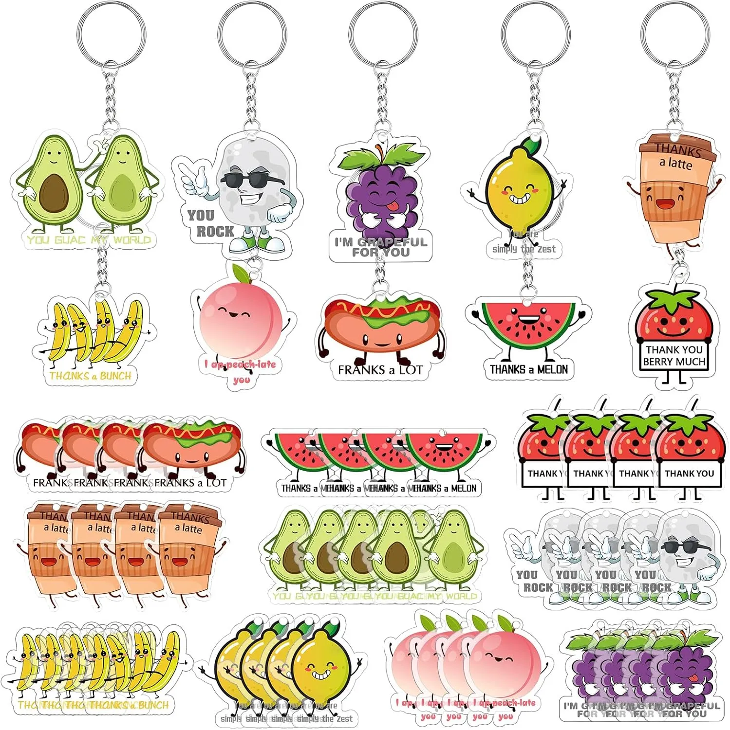 Remuuly 50 Pcs Funny Fruits Thank You Acrylic Keychains Pun Key Rings Cute Employee Nurses Teachers Appreciation Gifts Bulk for Coworker Staff Friends Women Men, 10 Styles