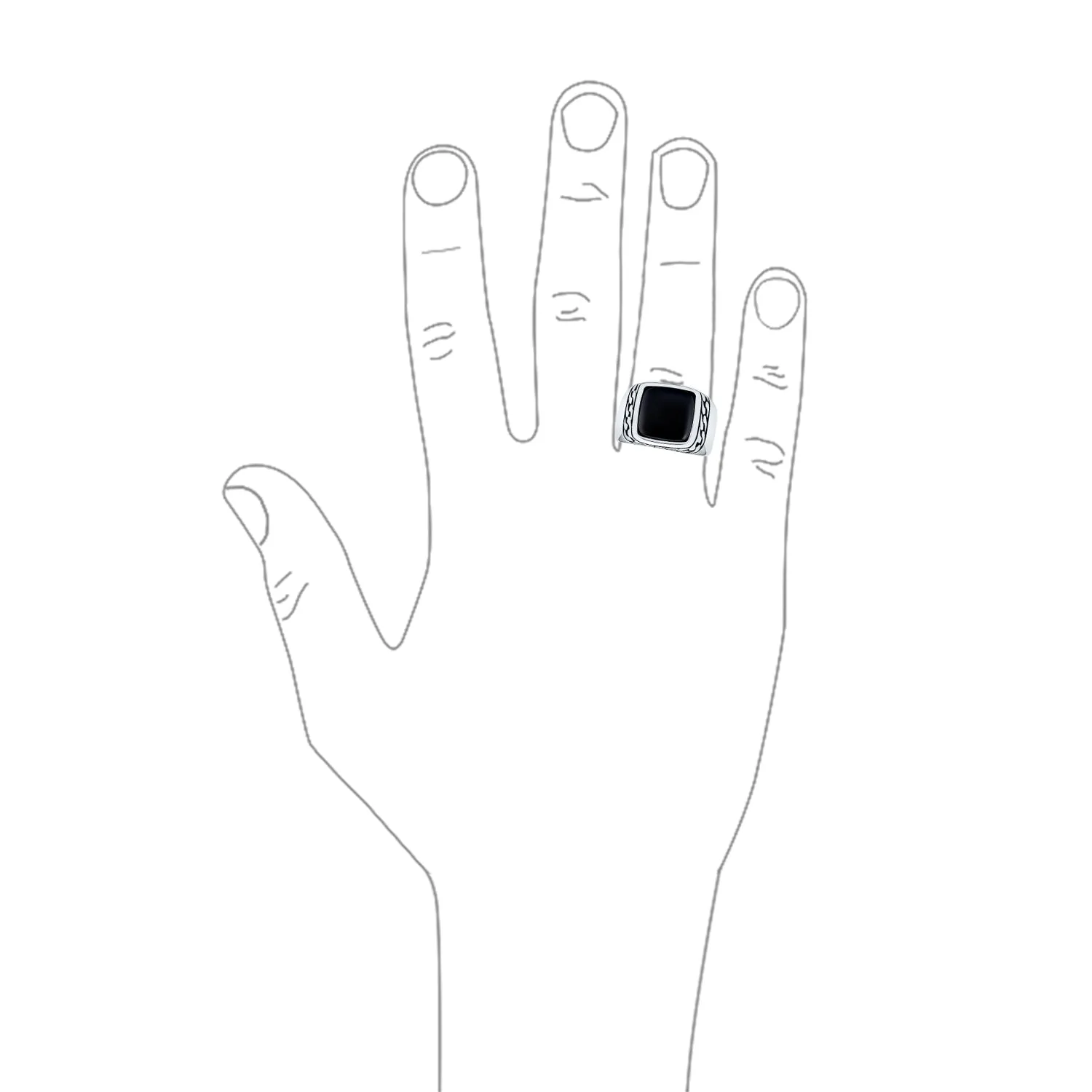 Retro Classic Mens Silver Ring with Black Onyx Gemstone and Chain Link Accent