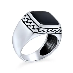Retro Classic Mens Silver Ring with Black Onyx Gemstone and Chain Link Accent