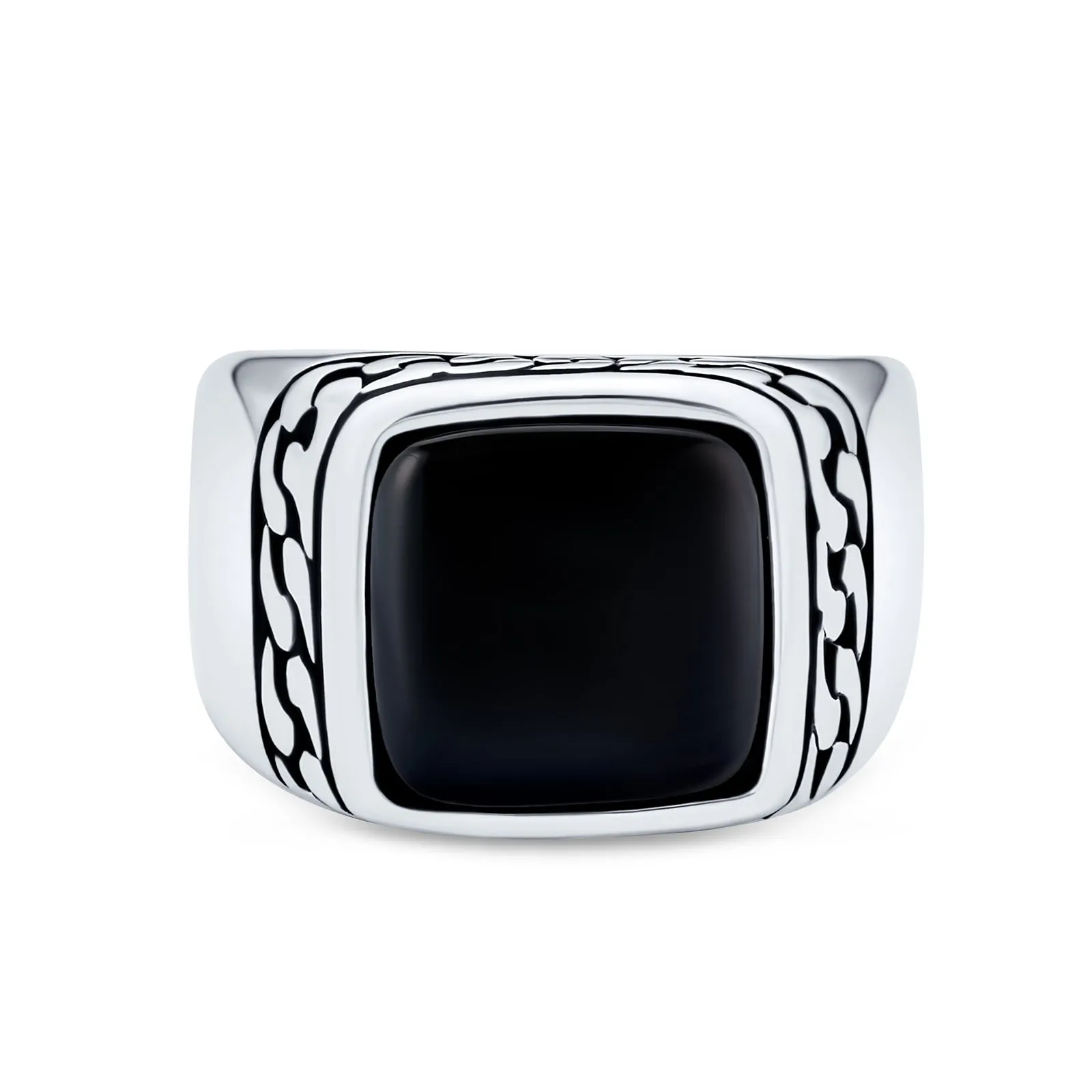 Retro Classic Mens Silver Ring with Black Onyx Gemstone and Chain Link Accent