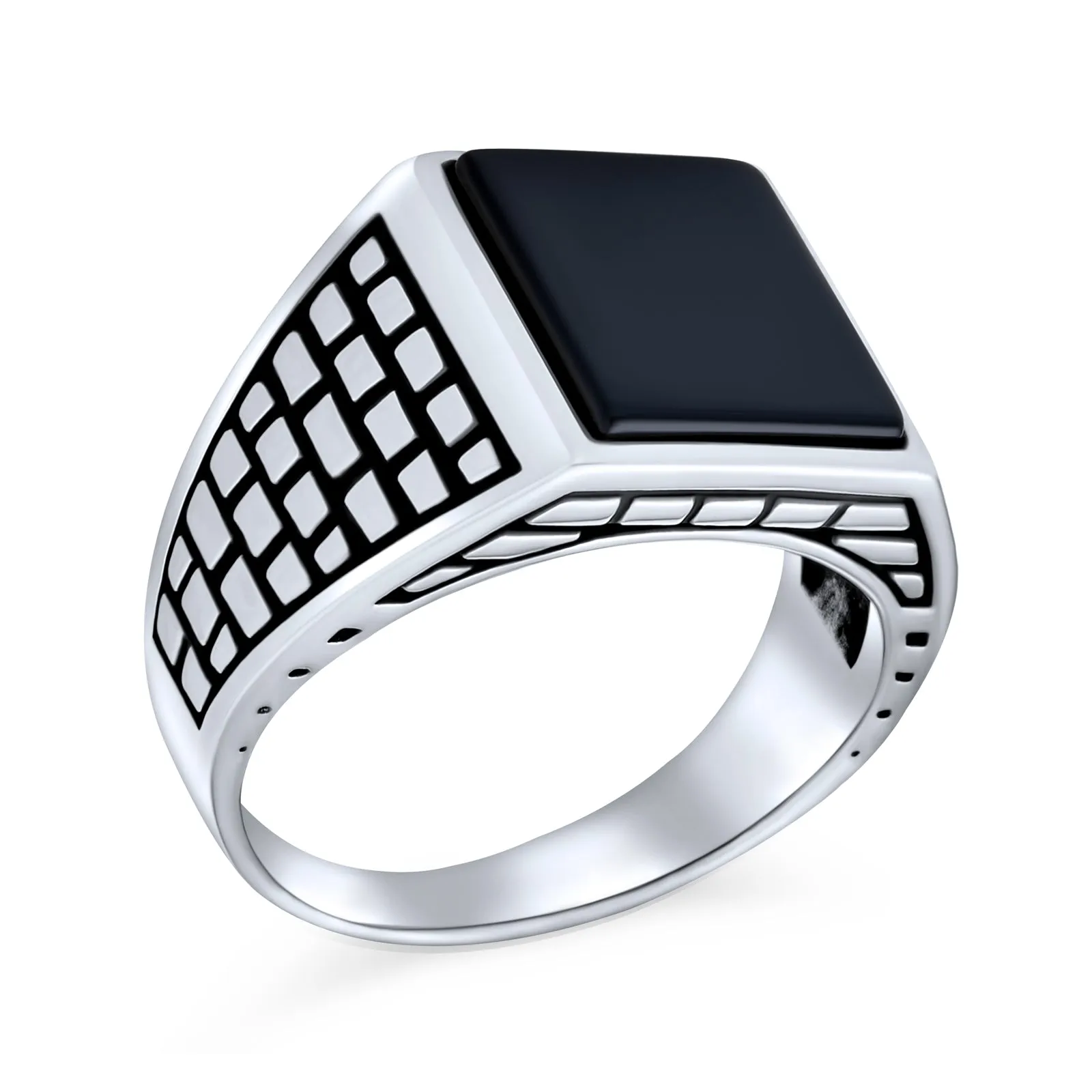 Retro Classic Mens Silver Ring with Black Onyx Gemstone Rectangle Signet Design