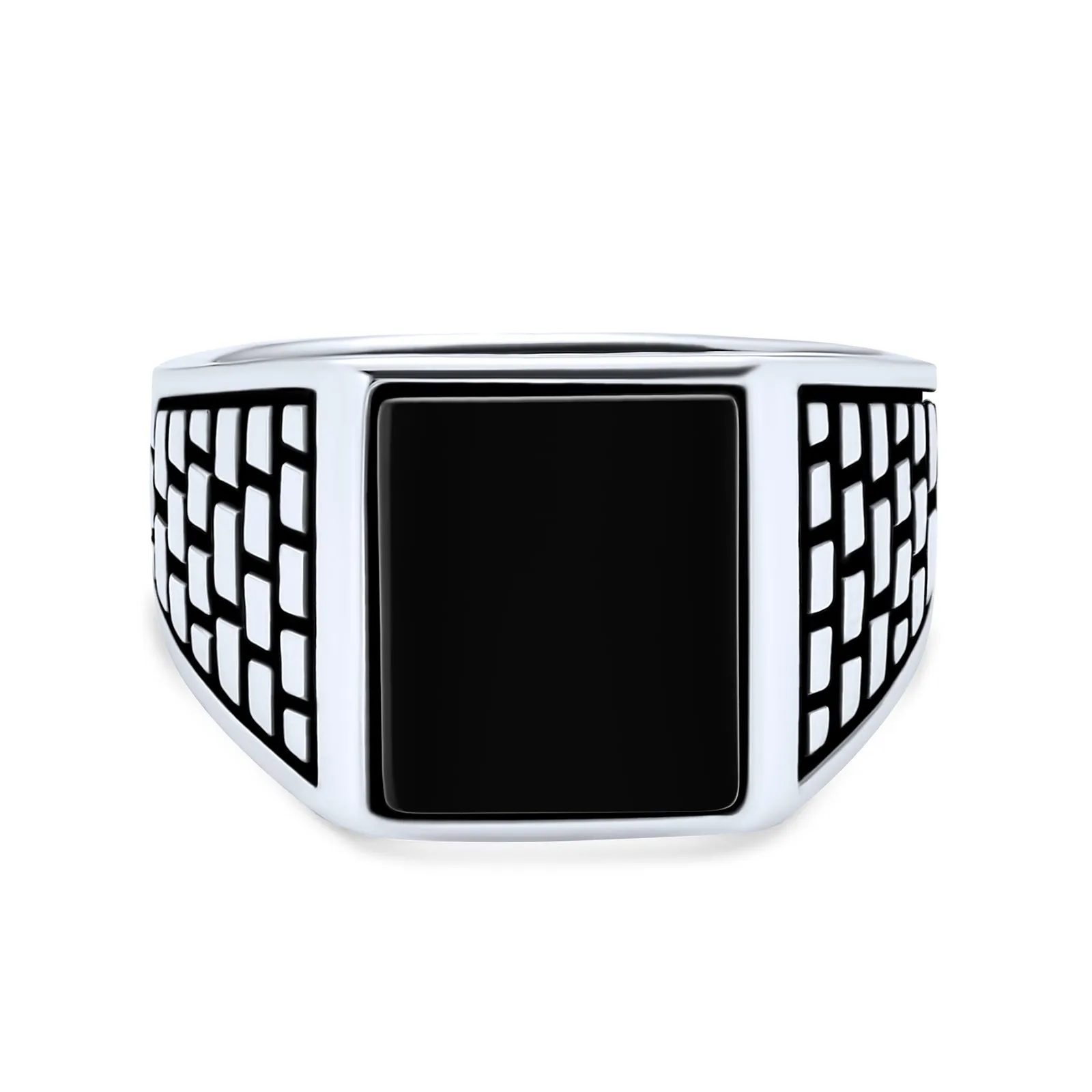 Retro Classic Mens Silver Ring with Black Onyx Gemstone Rectangle Signet Design