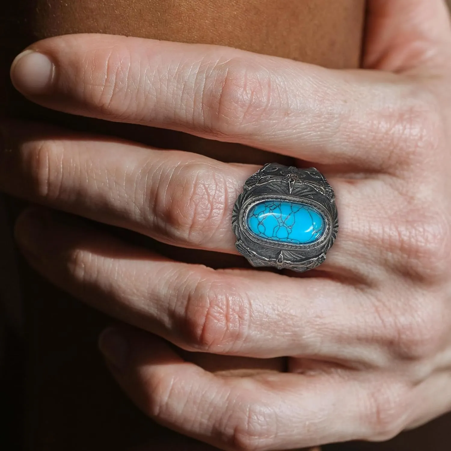 Retro Turquoise Ring for Men Stainless Steel Oval Biker Ring Jewelry for Men,Size7-13