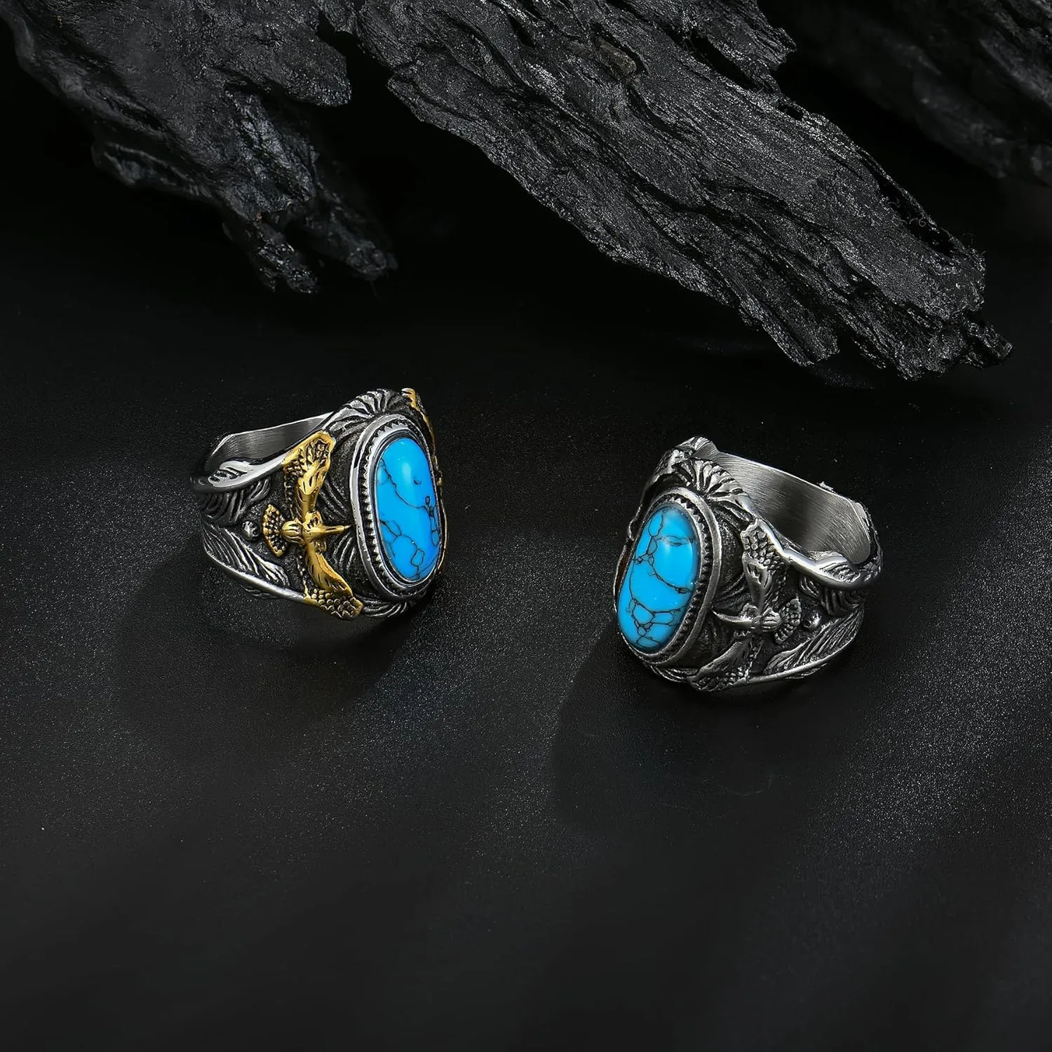 Retro Turquoise Ring for Men Stainless Steel Oval Biker Ring Jewelry for Men,Size7-13