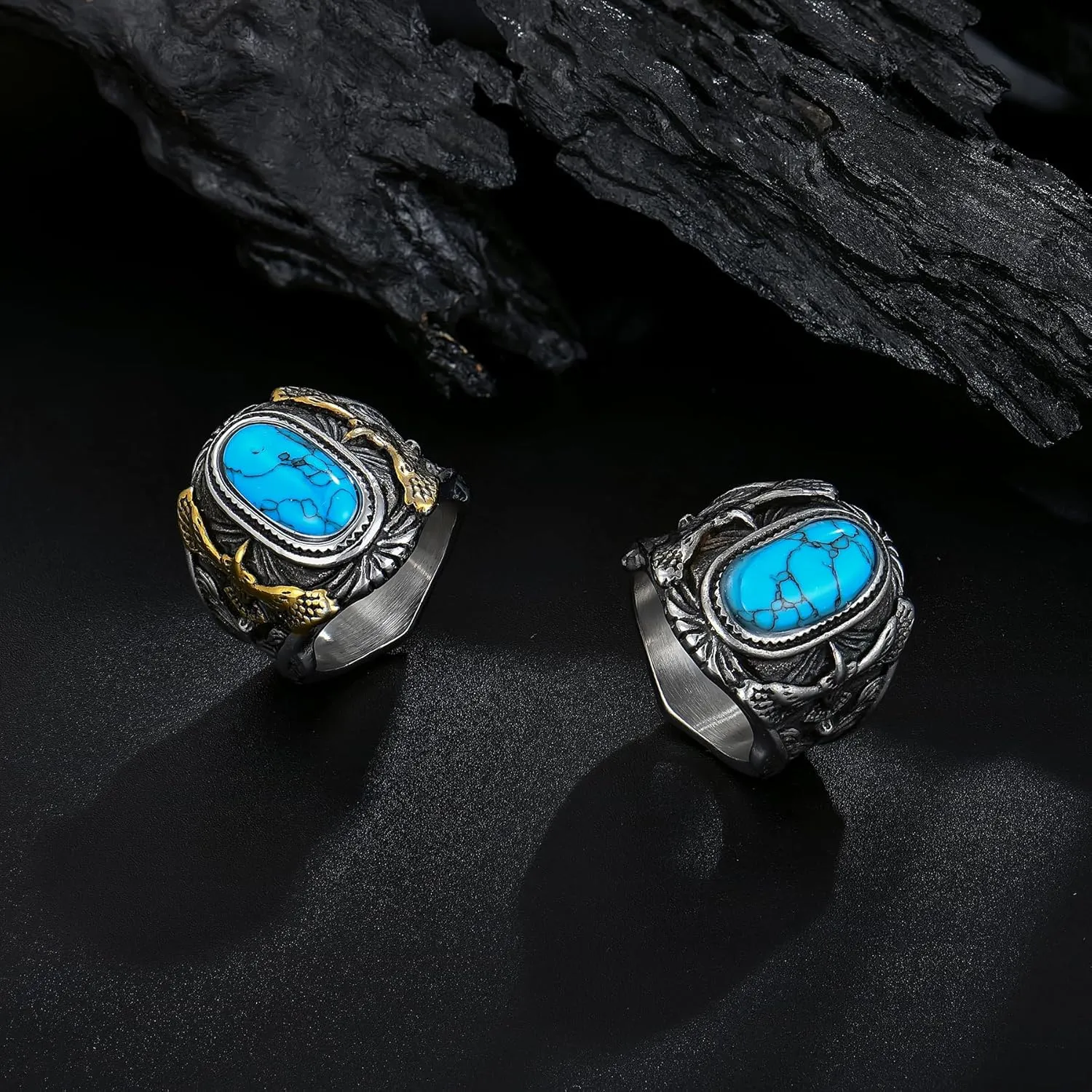 Retro Turquoise Ring for Men Stainless Steel Oval Biker Ring Jewelry for Men,Size7-13