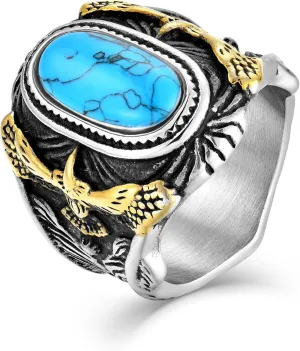 Retro Turquoise Ring for Men Stainless Steel Oval Biker Ring Jewelry for Men,Size7-13