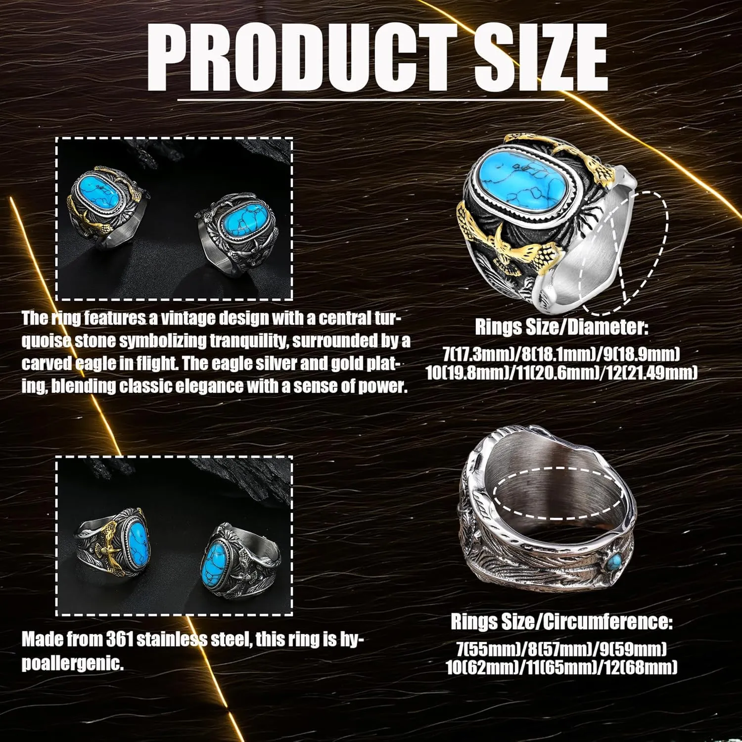 Retro Turquoise Ring for Men Stainless Steel Oval Biker Ring Jewelry for Men,Size7-13