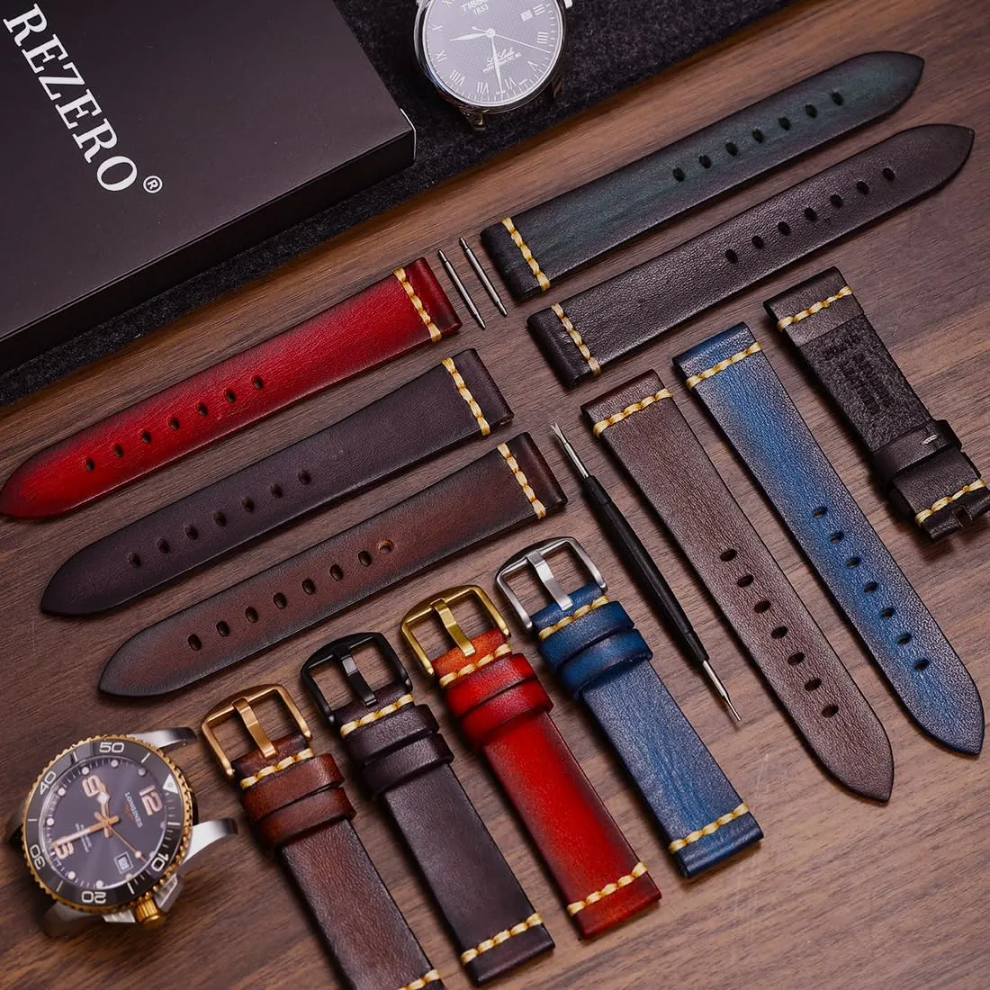 REZERO Leather Watch Bands, Tanned Leather Watch Straps, Black/Brown/Blue/Red/Green/Grey Watch Bands Replacement with Black/Silver/Gold/Rose Gold Buckle for Men, Women 18/19/20/21/22/23/24/26mm