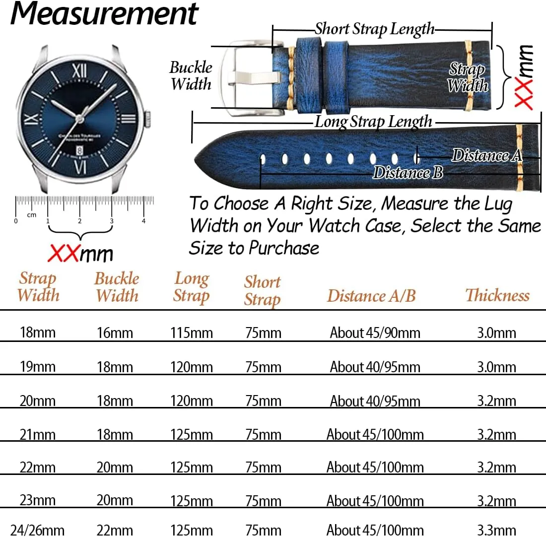 REZERO Leather Watch Bands, Tanned Leather Watch Straps, Black/Brown/Blue/Red/Green/Grey Watch Bands Replacement with Black/Silver/Gold/Rose Gold Buckle for Men, Women 18/19/20/21/22/23/24/26mm