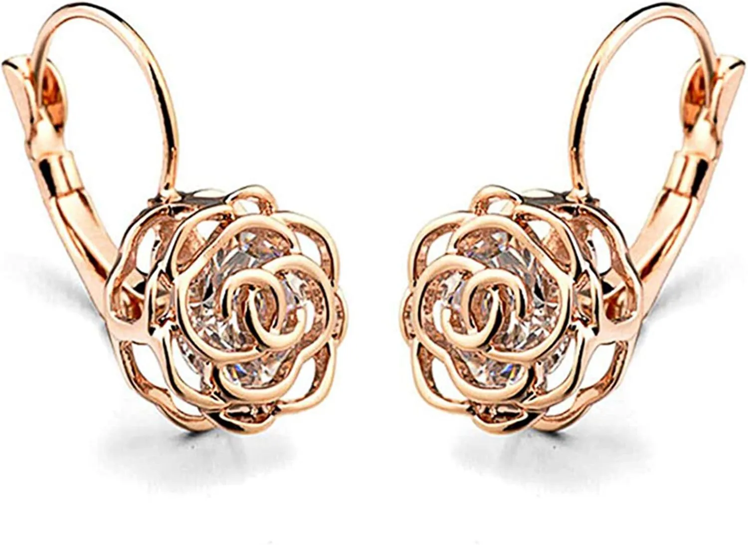 Rose Flower Leverback Earrings for Women  3D Rose Petal Design with AAA Diamond-Cut Australian Crystal Classic Leverback Design for All-Day Comfort and Style