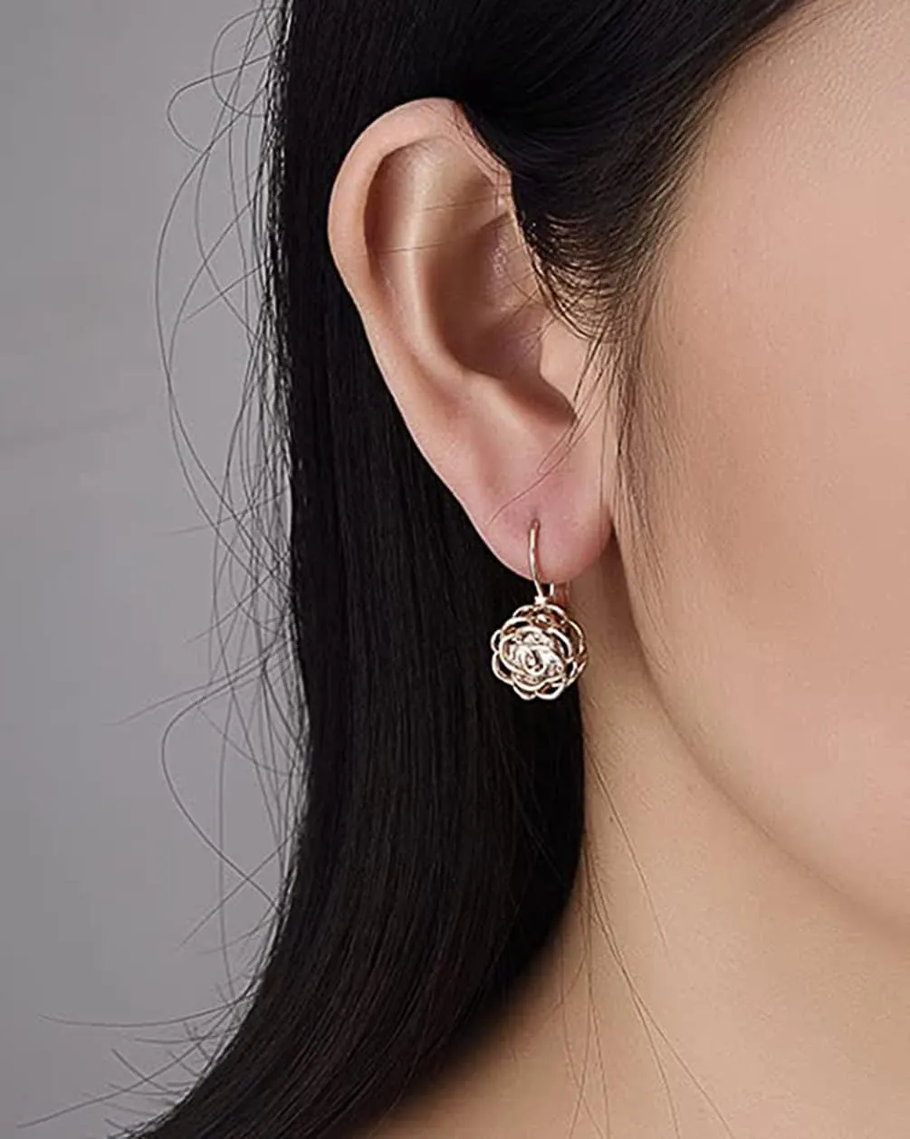Rose Flower Leverback Earrings for Women  3D Rose Petal Design with AAA Diamond-Cut Australian Crystal Classic Leverback Design for All-Day Comfort and Style