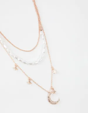 Rose Gold Short Diamante Moon 3-Row Necklace