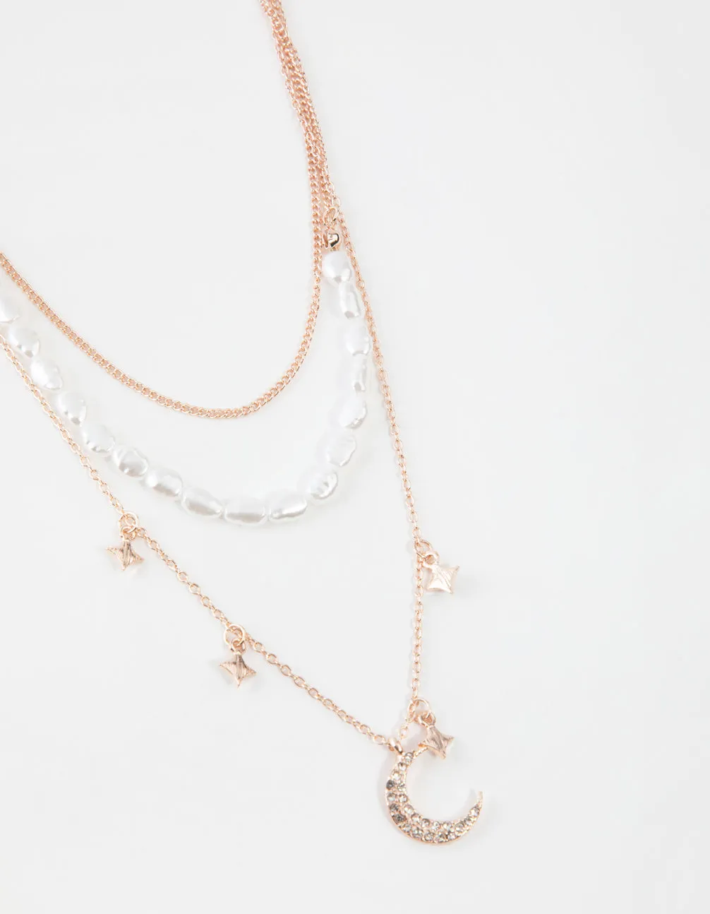 Rose Gold Short Diamante Moon 3-Row Necklace