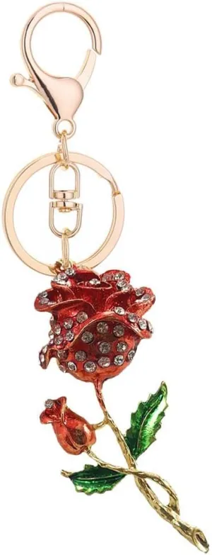 Roses Keychain Sparkling Flower Keyring Crystal Rhinestones Purse Pendant Handbag Charm (Red)