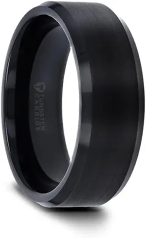 Roy Rose Jewelry Black Tungsten Ring with Polished Beveled Edges and Brush Finished Center Unique Matching Couple Wedding Ring Set 4mm & 8mm Wide Style Name: ELISE (Set of Two Rings)