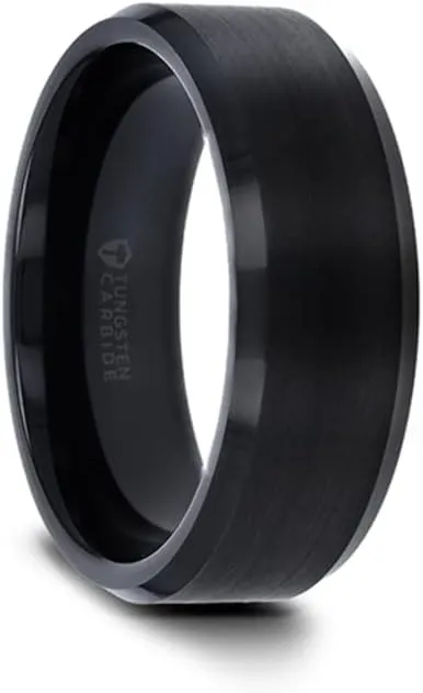 Roy Rose Jewelry Black Tungsten Ring with Polished Beveled Edges and Brush Finished Center Unique Matching Couple Wedding Ring Set 4mm & 8mm Wide Style Name: ELISE (Set of Two Rings)