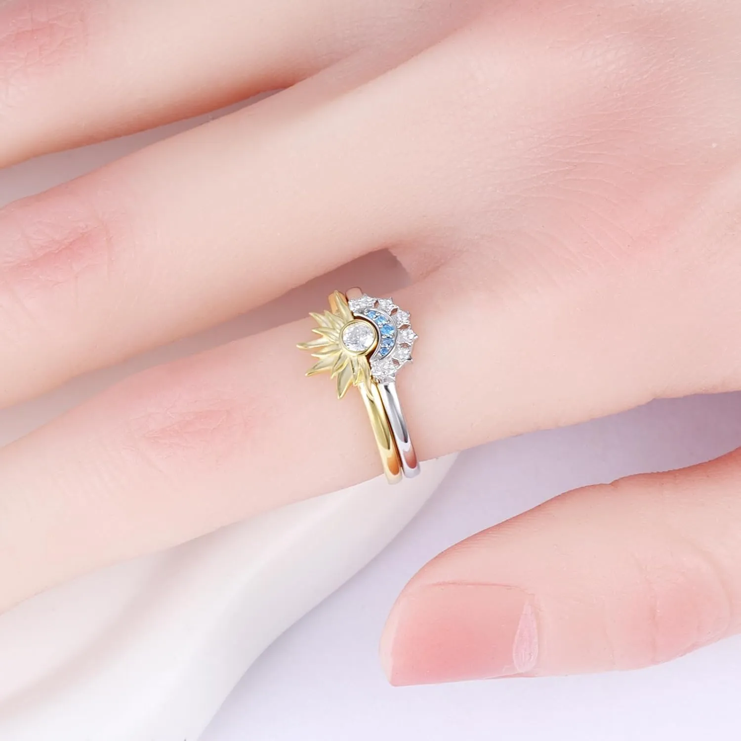 S925-Sterling-Silver Celestial Sun and Moon Ring Set - A Pair 18k and White Gold Plated Friendship Promise Matcking Ring,Anniversary Jewelry Gifts for Couple Girlfriend Women