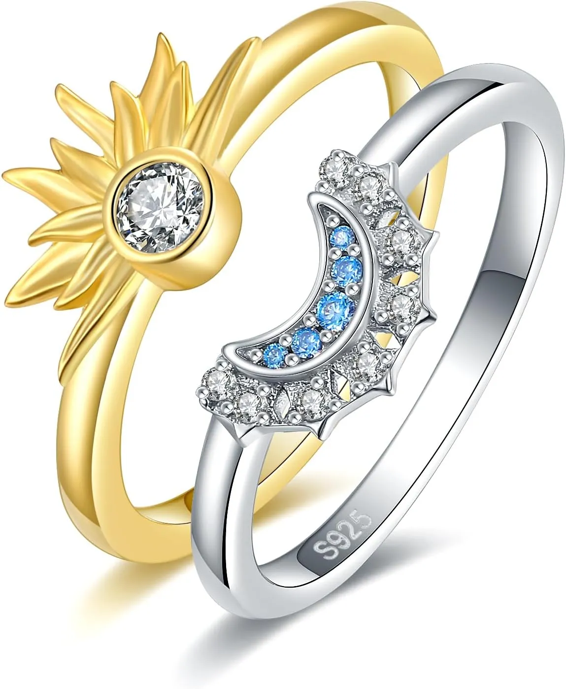 S925-Sterling-Silver Celestial Sun and Moon Ring Set - A Pair 18k and White Gold Plated Friendship Promise Matcking Ring,Anniversary Jewelry Gifts for Couple Girlfriend Women