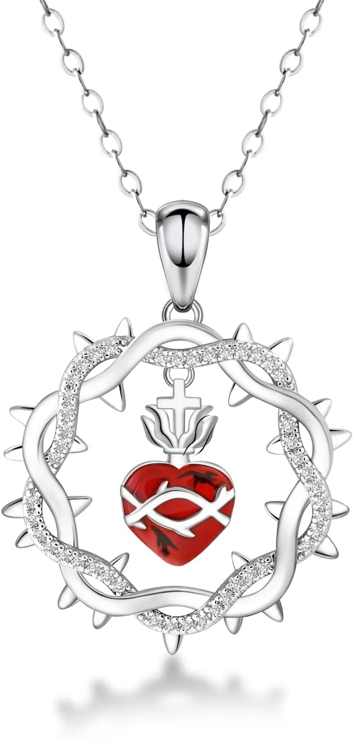 Sacred Heart of Jesus Necklace - 925 Sterling Silver Crown of Thorns Pendant Jesus Crown Necklaces Chain Jewelry Gifts for Women Men Christmas Easter Thanksgiving Day