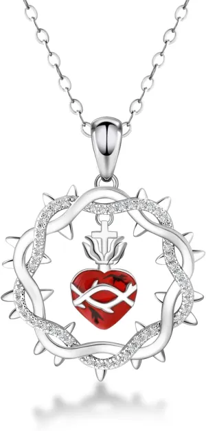 Sacred Heart of Jesus Necklace - 925 Sterling Silver Crown of Thorns Pendant Jesus Crown Necklaces Chain Jewelry Gifts for Women Men Christmas Easter Thanksgiving Day