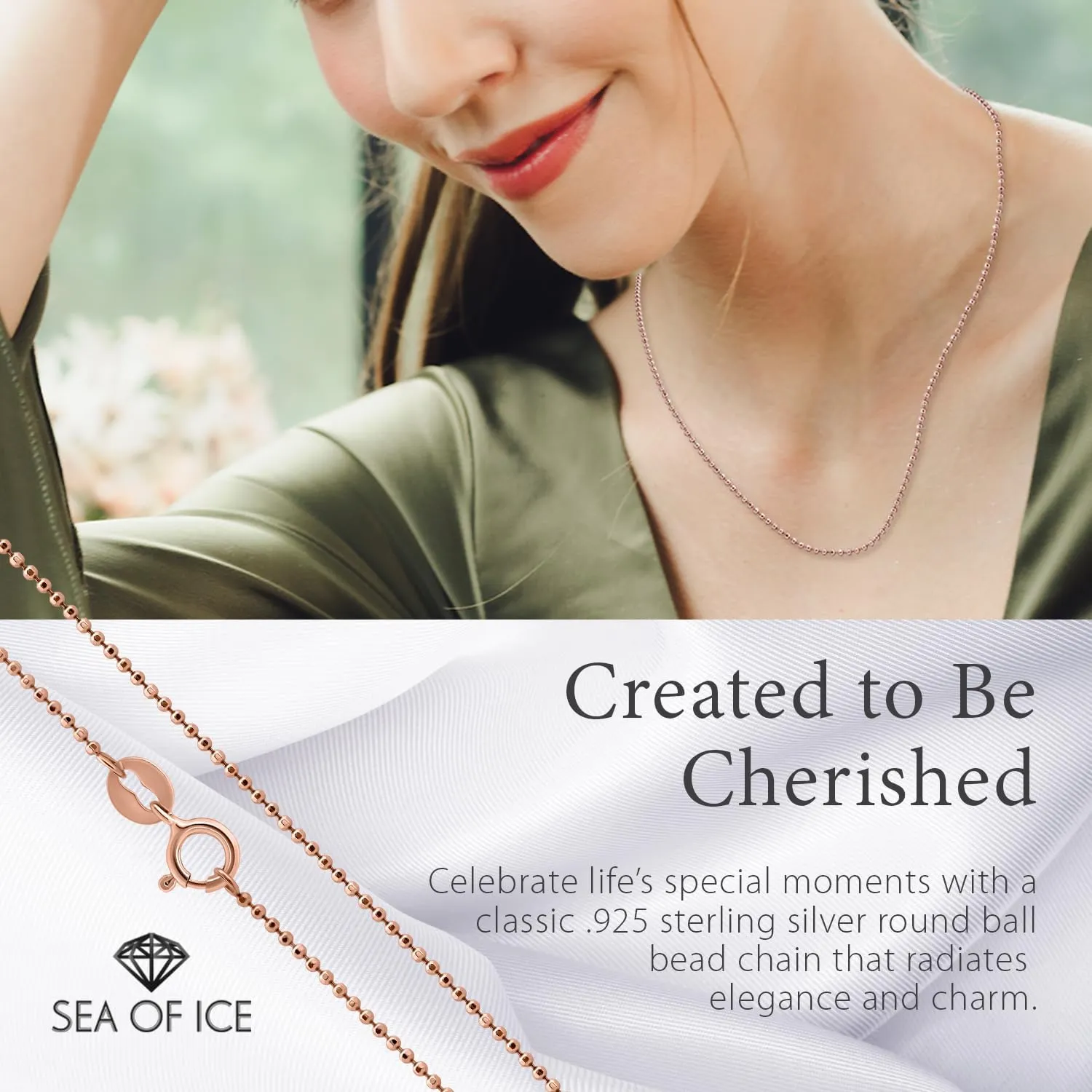 SEA OF ICE Sterling Silver 1mm Round Ball Bead Chain Necklace for women, Size 14" - 36" Italy