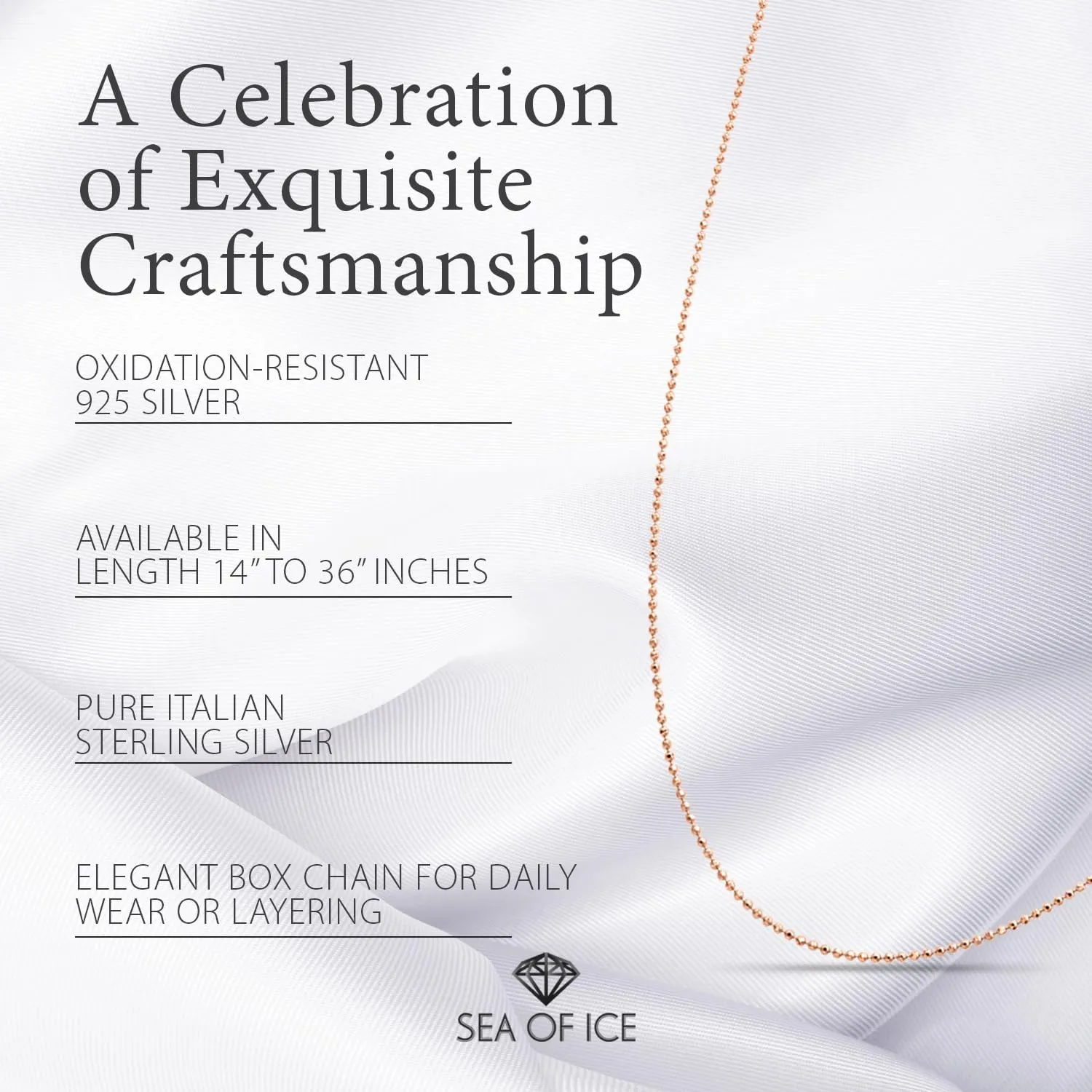SEA OF ICE Sterling Silver 1mm Round Ball Bead Chain Necklace for women, Size 14" - 36" Italy