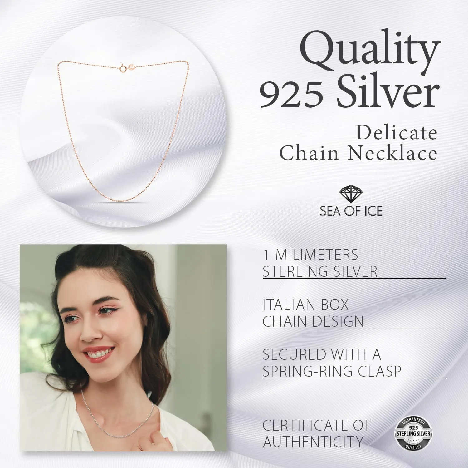 SEA OF ICE Sterling Silver 1mm Round Ball Bead Chain Necklace for women, Size 14" - 36" Italy