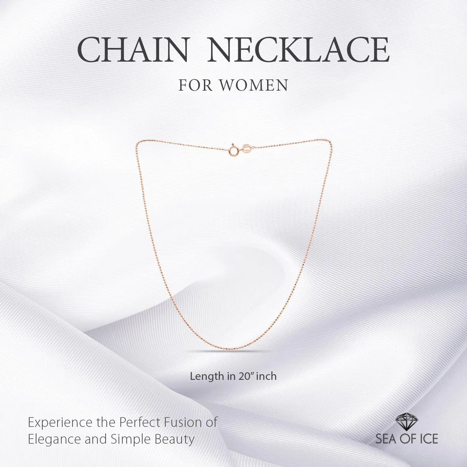 SEA OF ICE Sterling Silver 1mm Round Ball Bead Chain Necklace for women, Size 14" - 36" Italy