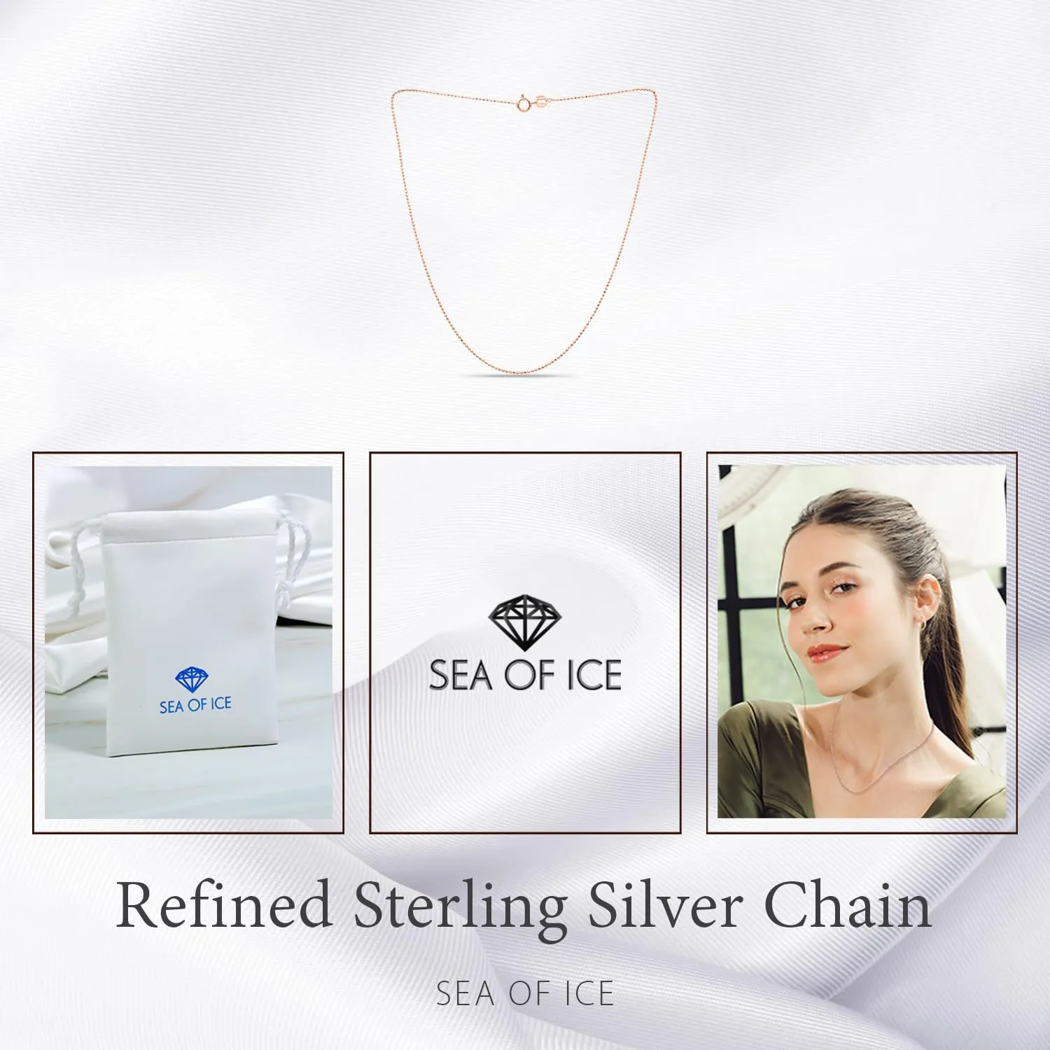 SEA OF ICE Sterling Silver 1mm Round Ball Bead Chain Necklace for women, Size 14" - 36" Italy